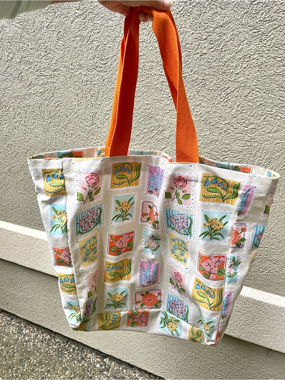 Marshalls Floral Patchwork Canvas Tote with Orange Handles 15” by 20”